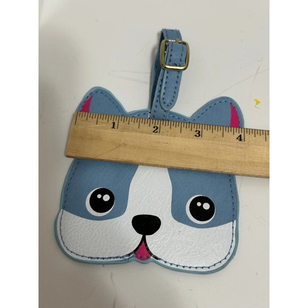 Blue French Bulldog Luggage Tag Faux Leather Puppy Dog Face Travel Bag ID Blue